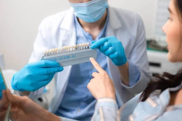 A dentist showing a tooth color scale to a patient to match their desired shade..